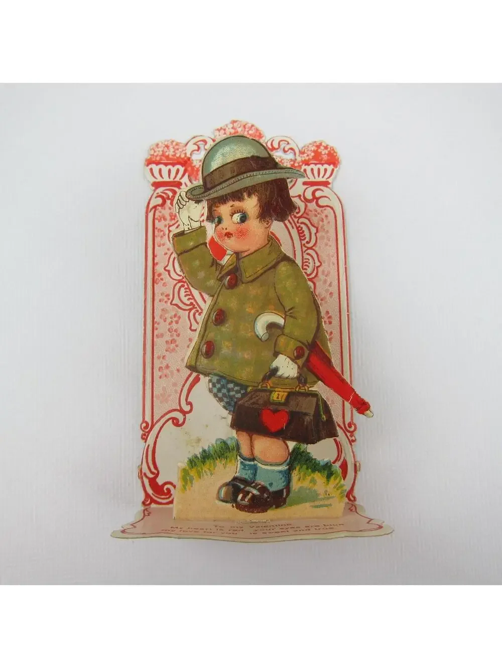 Vintage Valentine 3D Pop Up Die Cut Boy Green Coat & Hat Red Umbrella Black Bag